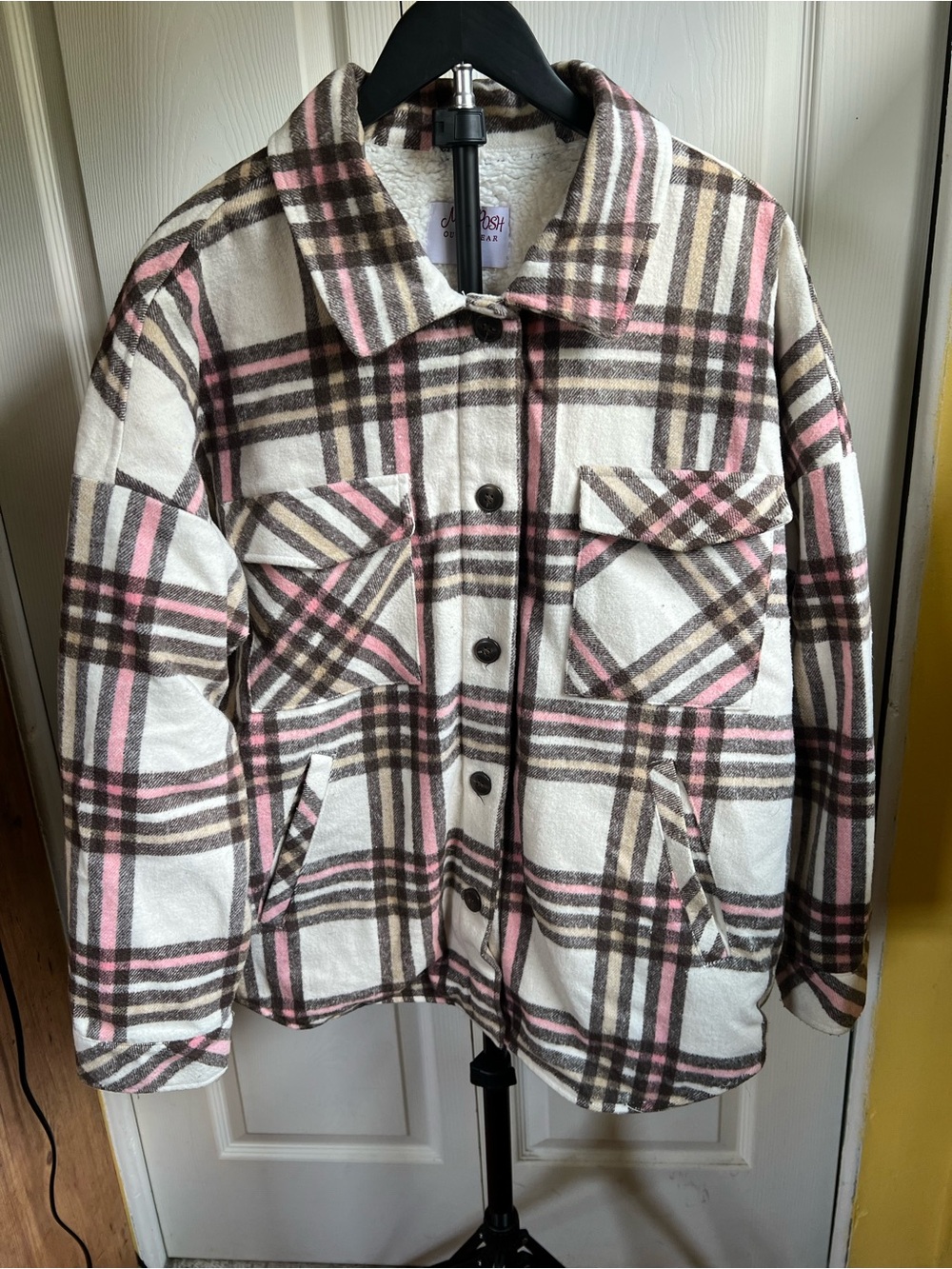 Plaid Utility Shacket Jacket - Pink, Brown & Cream